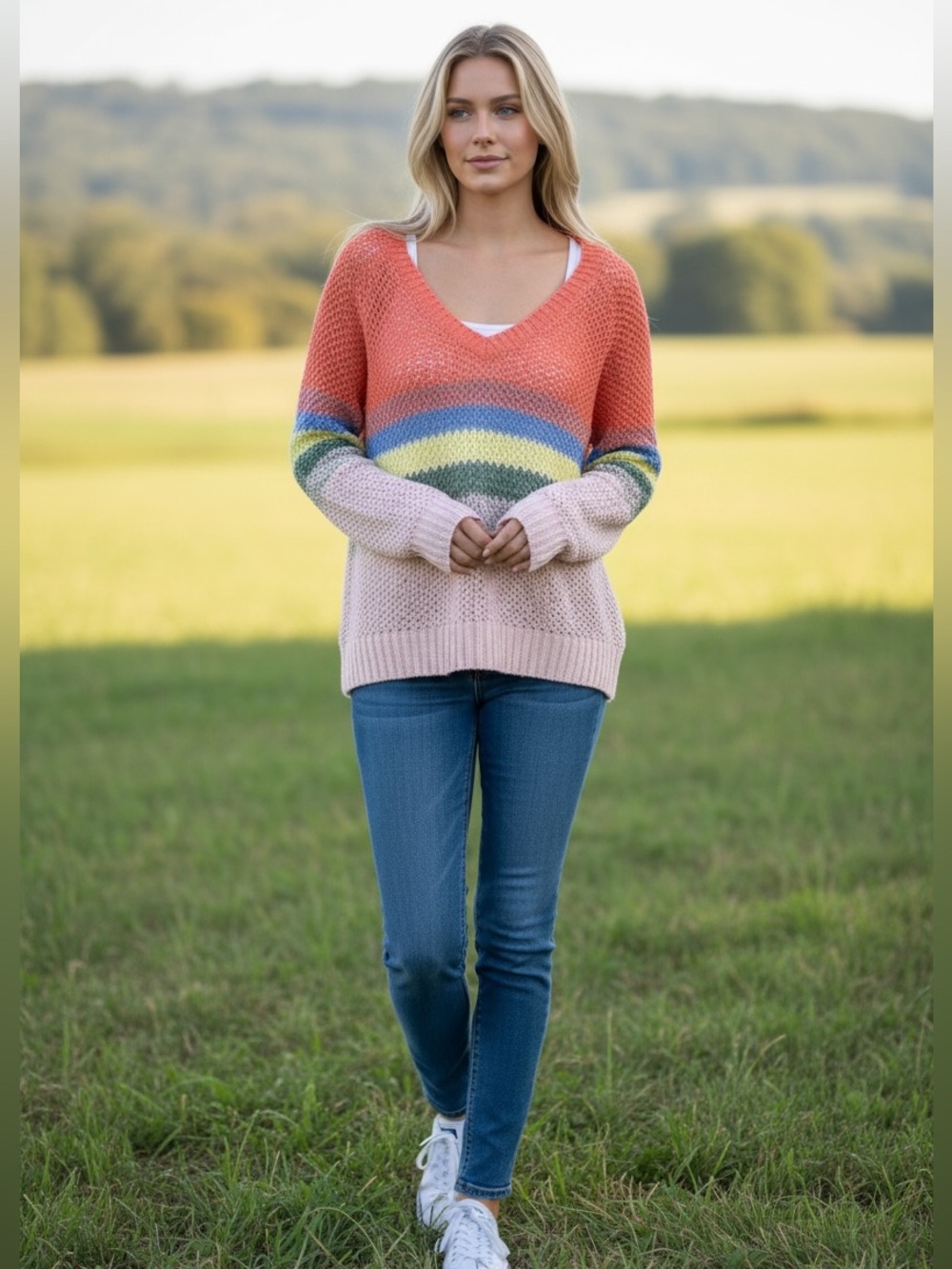 Caslon Ombré Stripe V-Neck Open Knit Sweater NWT (SWD)